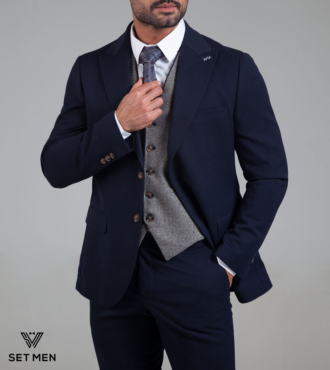 کت و شلوار سه تکه نیمه آستر یقه بلیزر دو دکمه