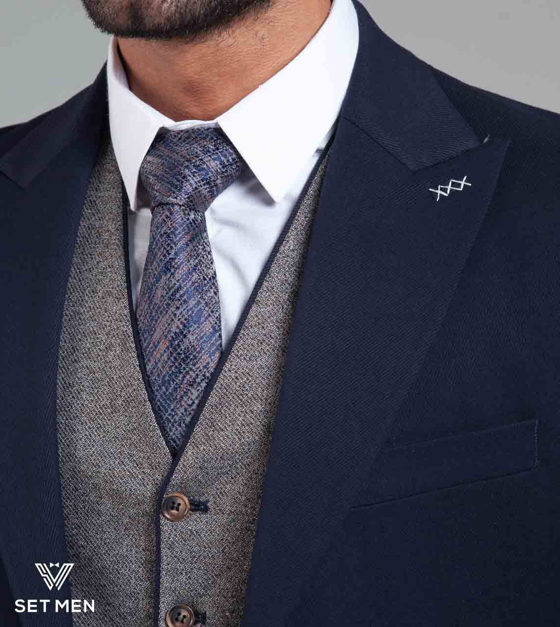 کت و شلوار سه تکه نیمه آستر یقه بلیزر دو دکمه