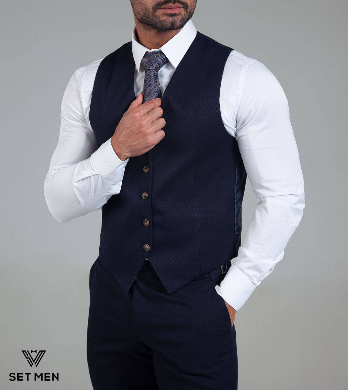 کت و شلوار سه تکه نیمه آستر یقه بلیزر دو دکمه