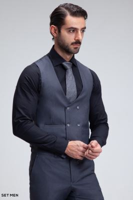 کت و شلوار مردانه سه تکه یقه بلیزر دودکمه دوچاک