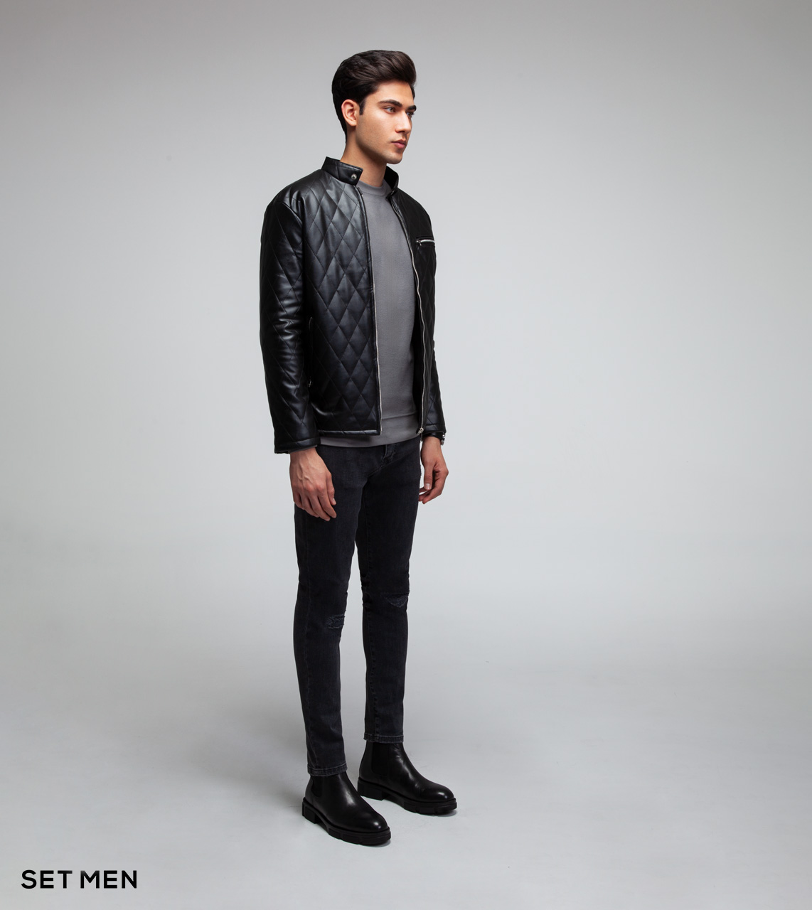 کاپشن چرم لوزی جیب زیپ دار