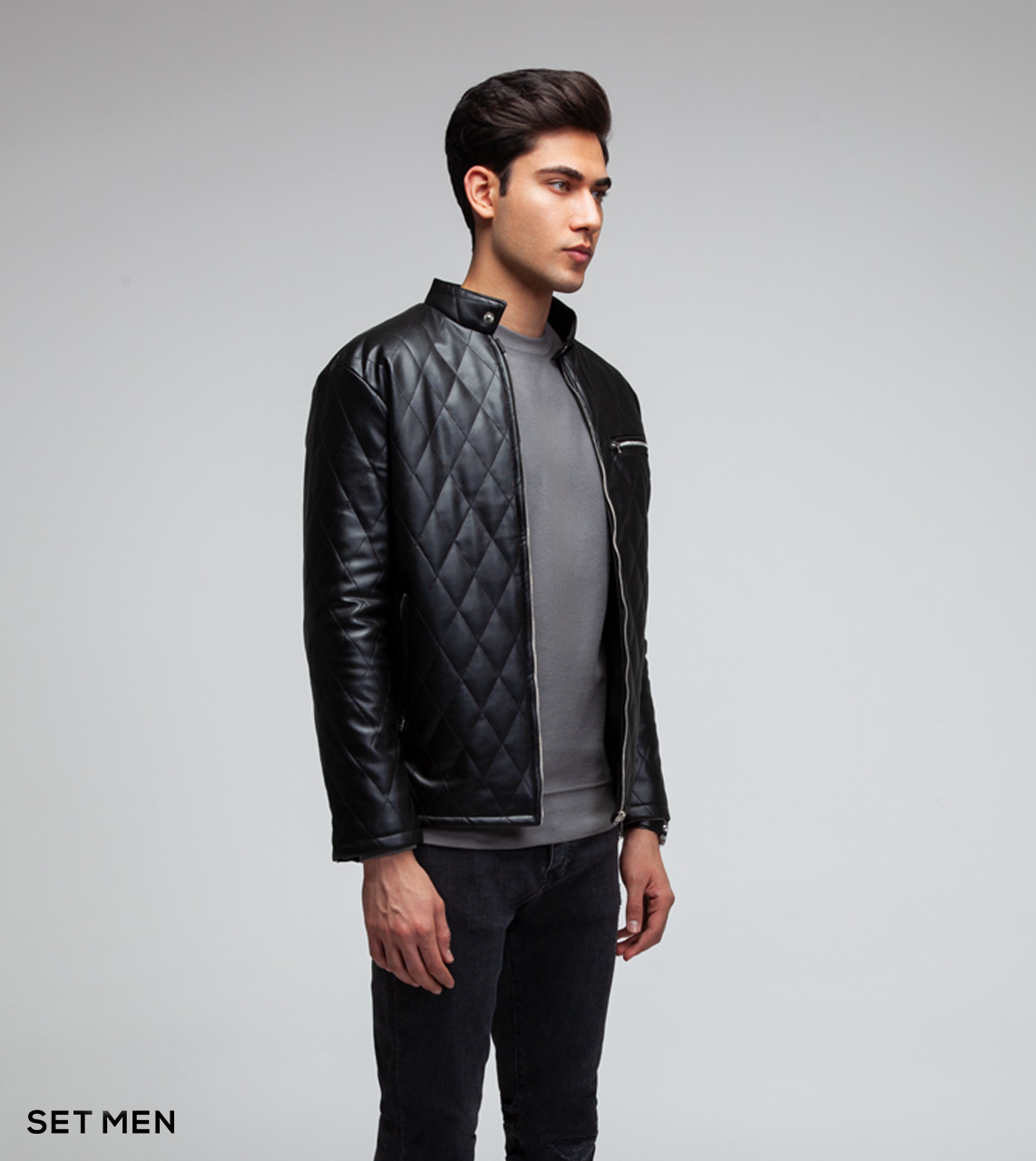 کاپشن چرم لوزی جیب زیپ دار