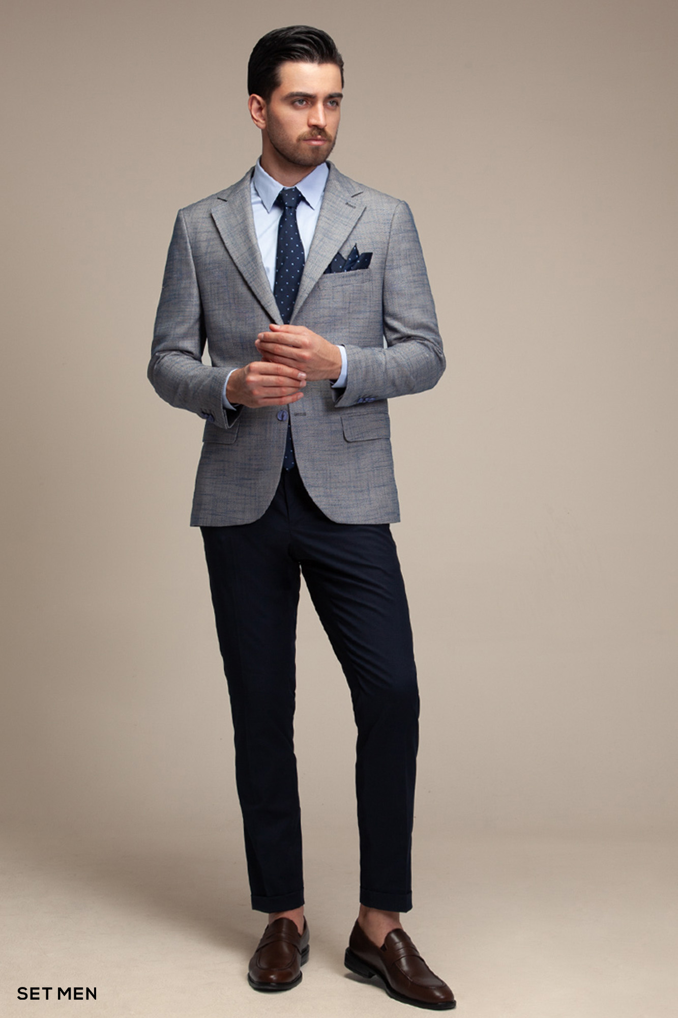 کت تک مردانه یقه انگلیسی چهارخانه نیم آستر دو دکمه