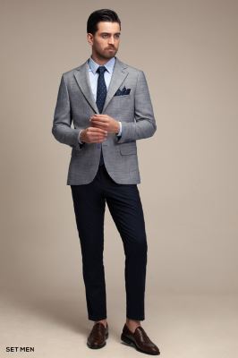 کت تک مردانه یقه انگلیسی چهارخانه نیم آستر دو دکمه