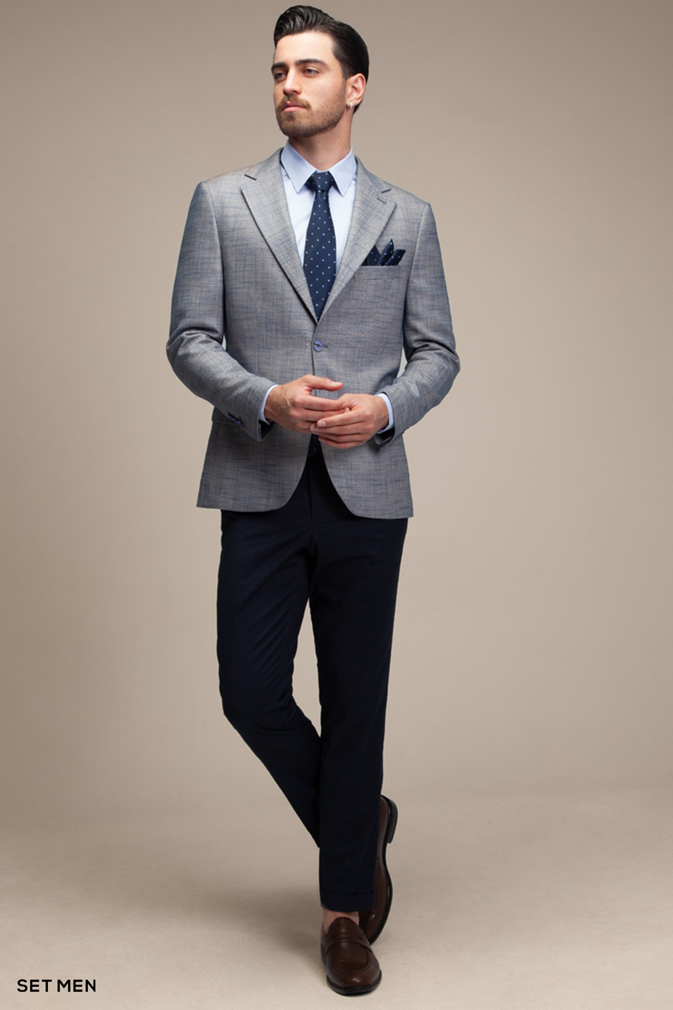 کت تک مردانه یقه انگلیسی چهارخانه نیم آستر دو دکمه