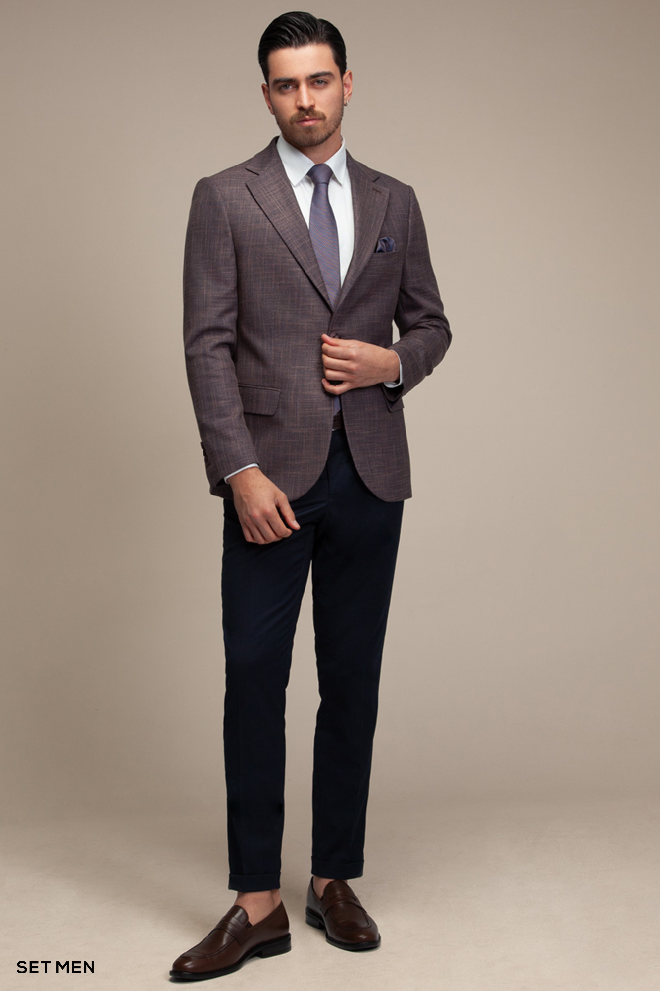 کت تک مردانه یقه انگلیسی چهارخانه نیم آستر دو دکمه