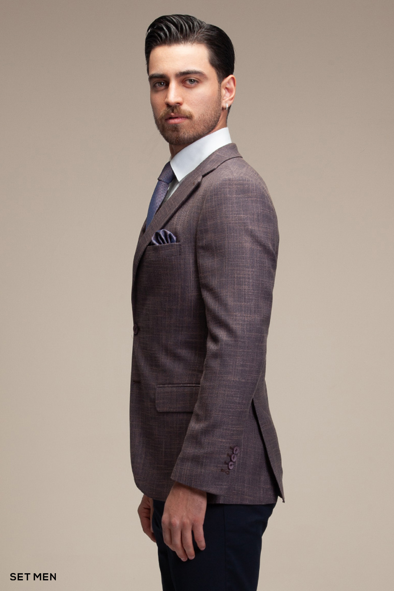 کت تک مردانه یقه انگلیسی چهارخانه نیم آستر دو دکمه