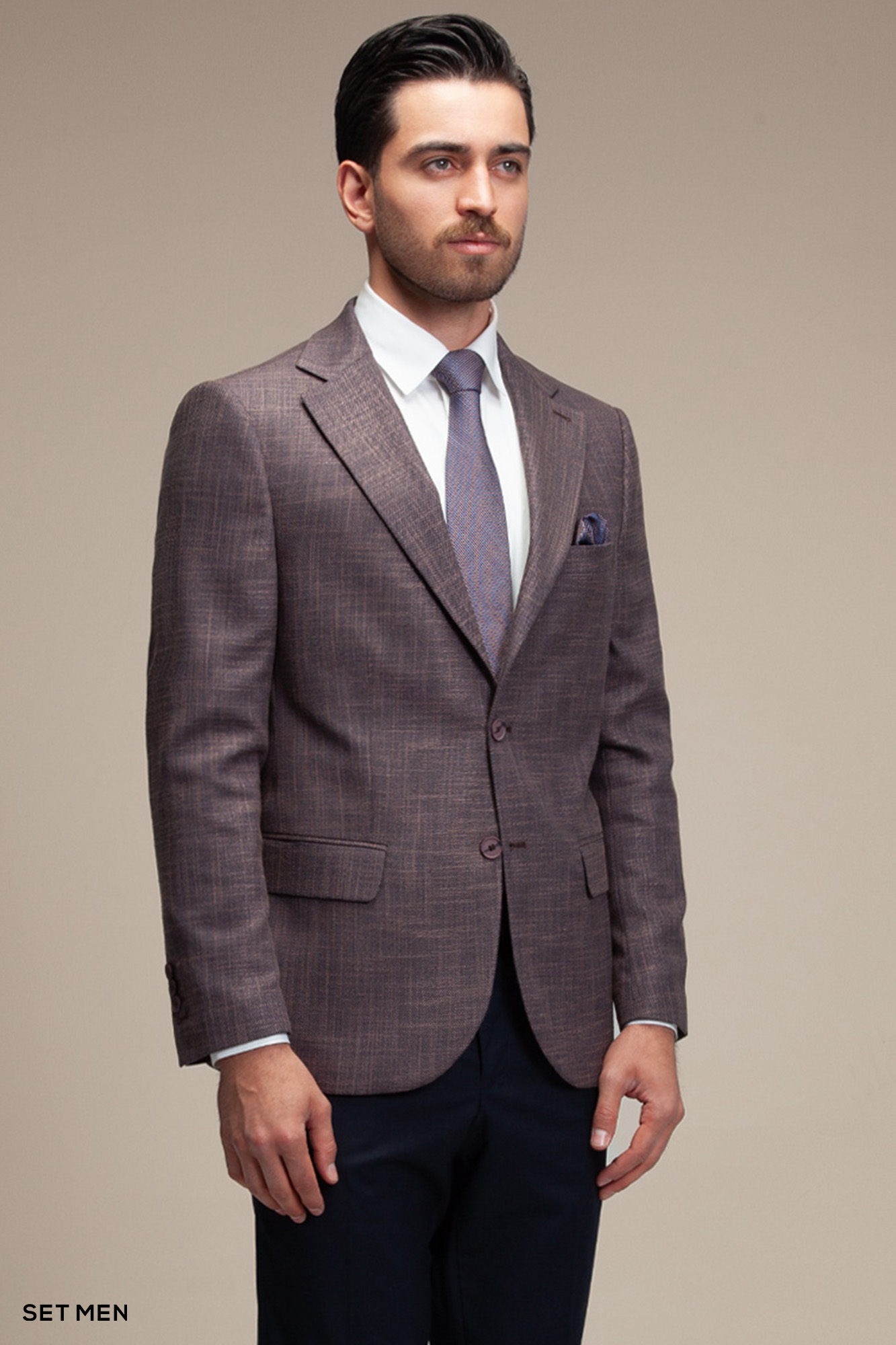 کت تک مردانه یقه انگلیسی چهارخانه نیم آستر دو دکمه