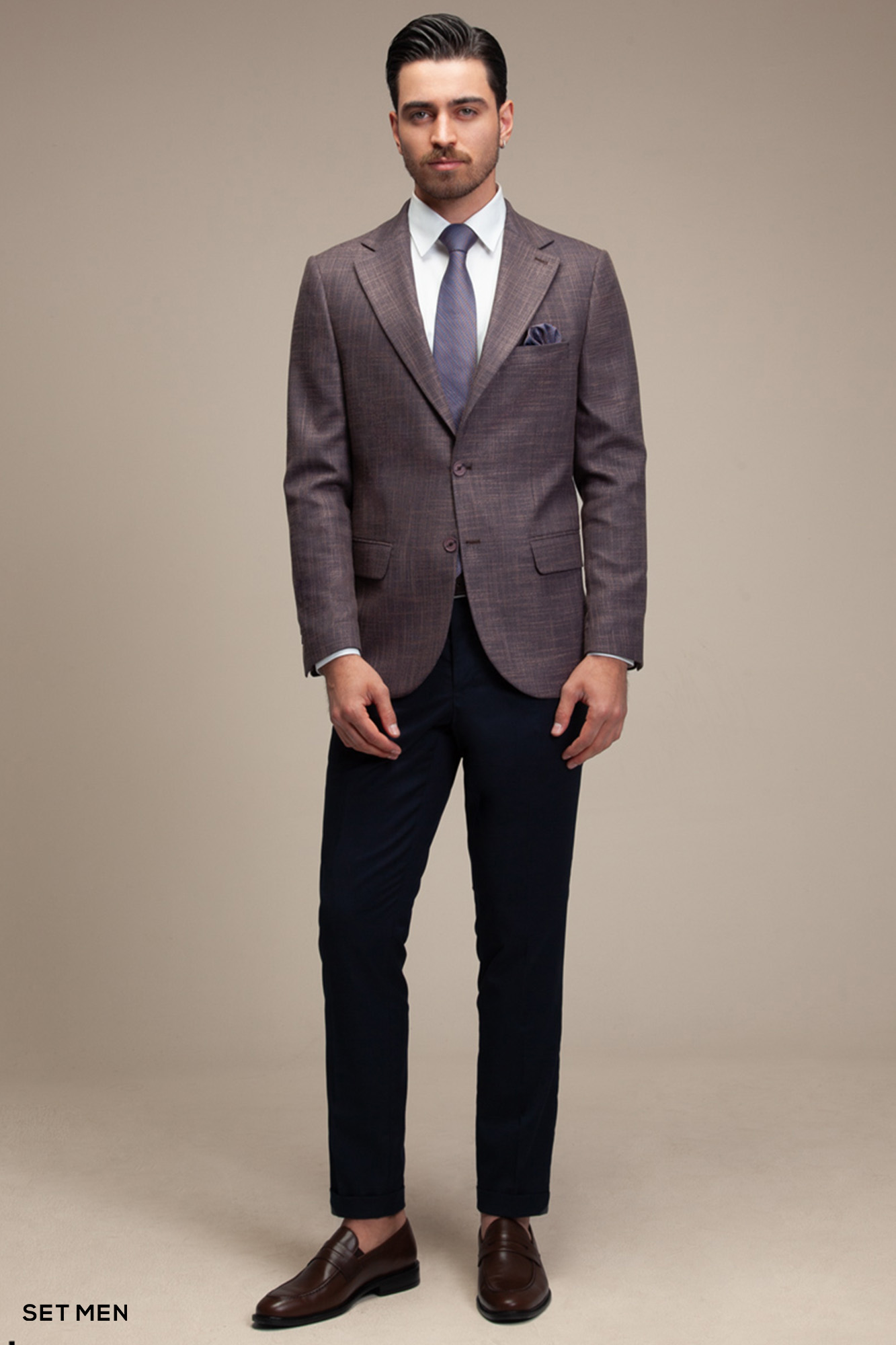 کت تک مردانه یقه انگلیسی چهارخانه نیم آستر دو دکمه