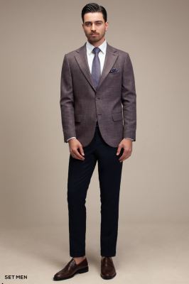 کت تک مردانه یقه انگلیسی چهارخانه نیم آستر دو دکمه