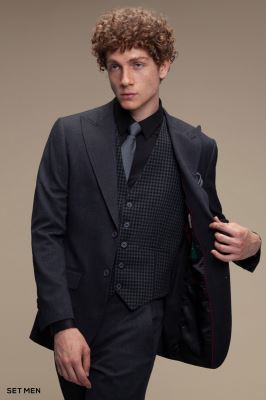 کت و شلوار سه تکه یقه بلیزر دو دکمه