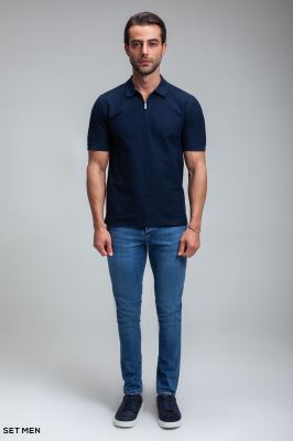 تیشرت یقه دارنیم زیپ بافت