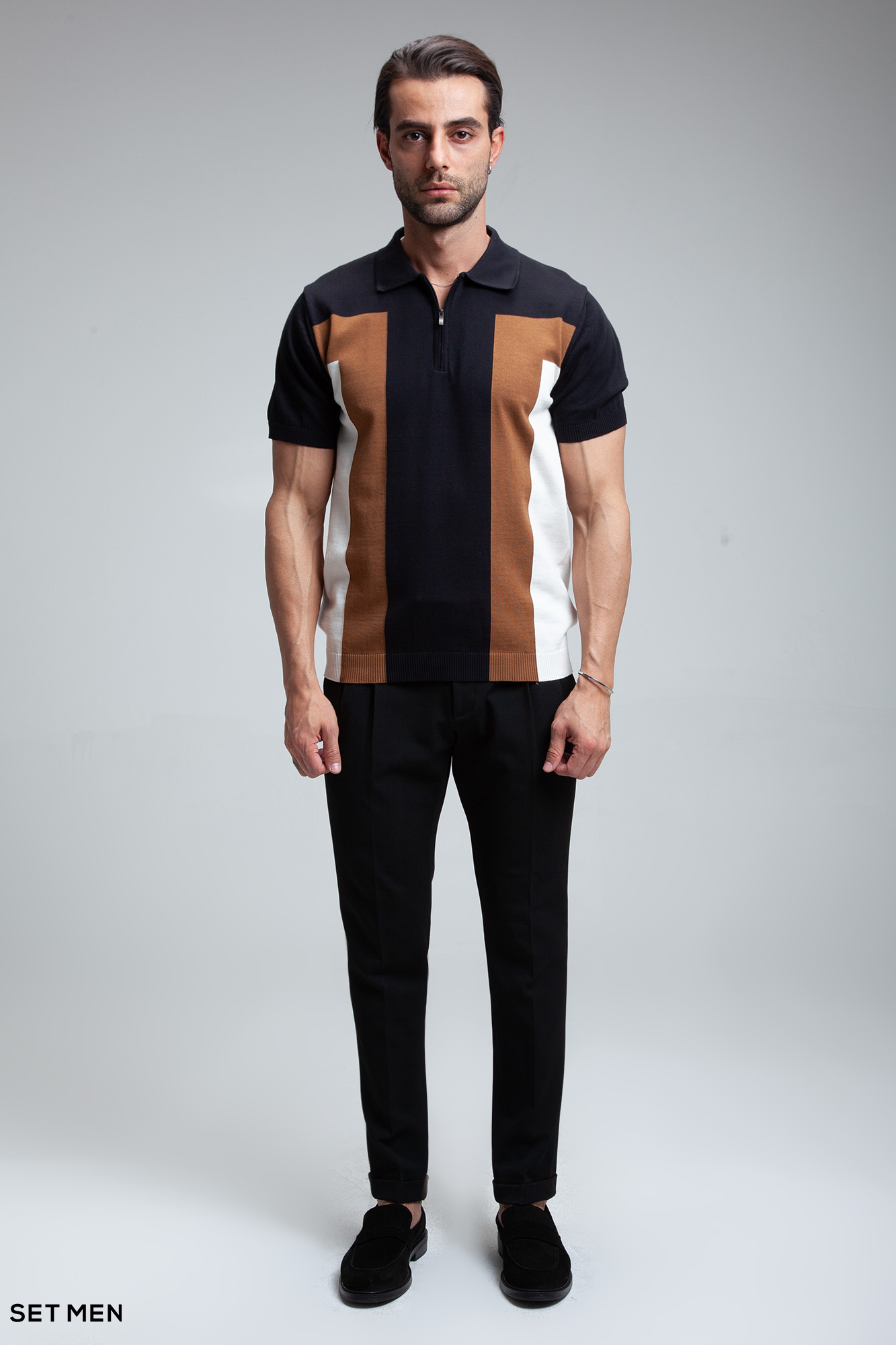 تیشرت یقه دارنیم زیپ بافت