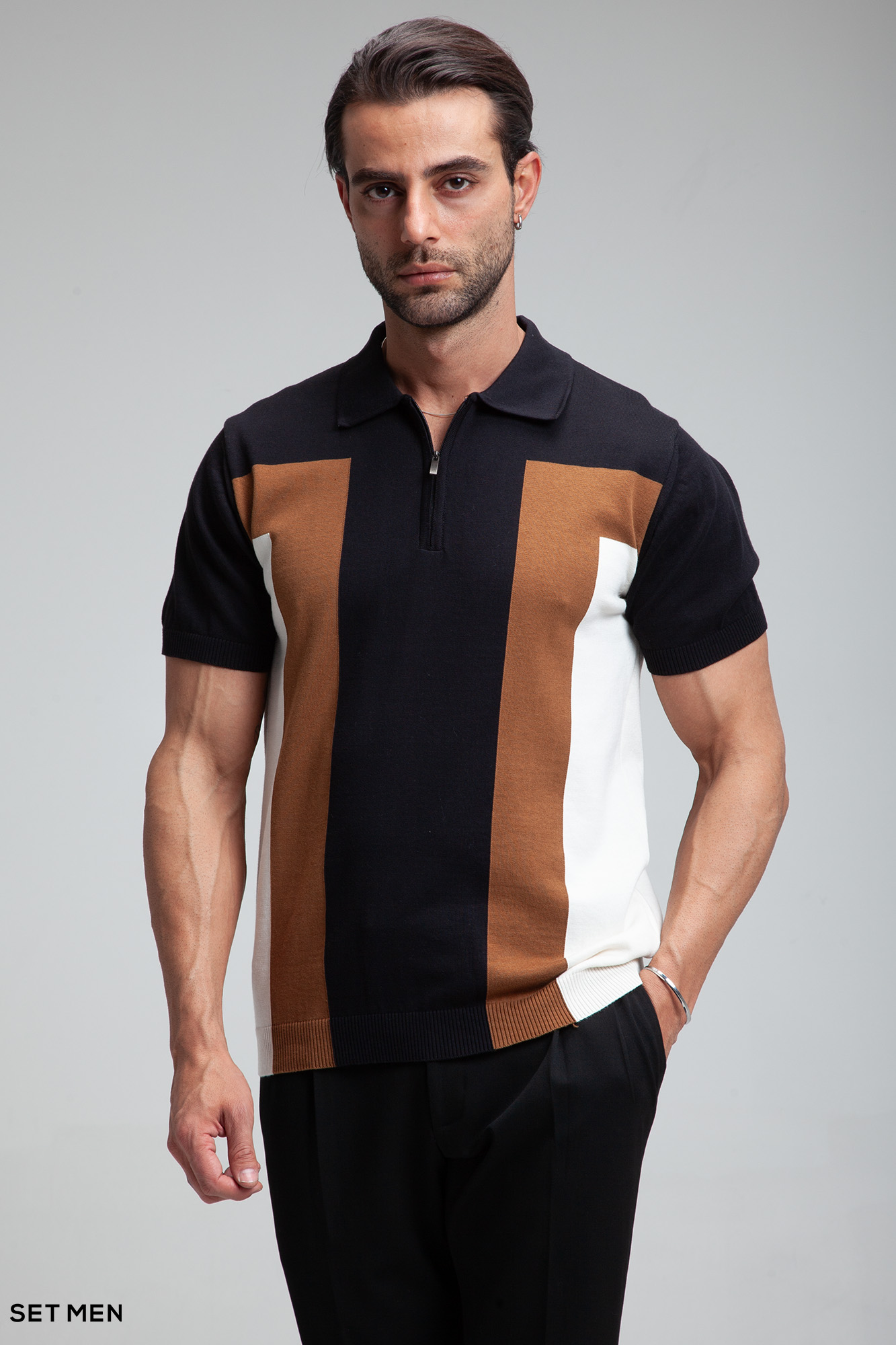 تیشرت یقه دارنیم زیپ بافت