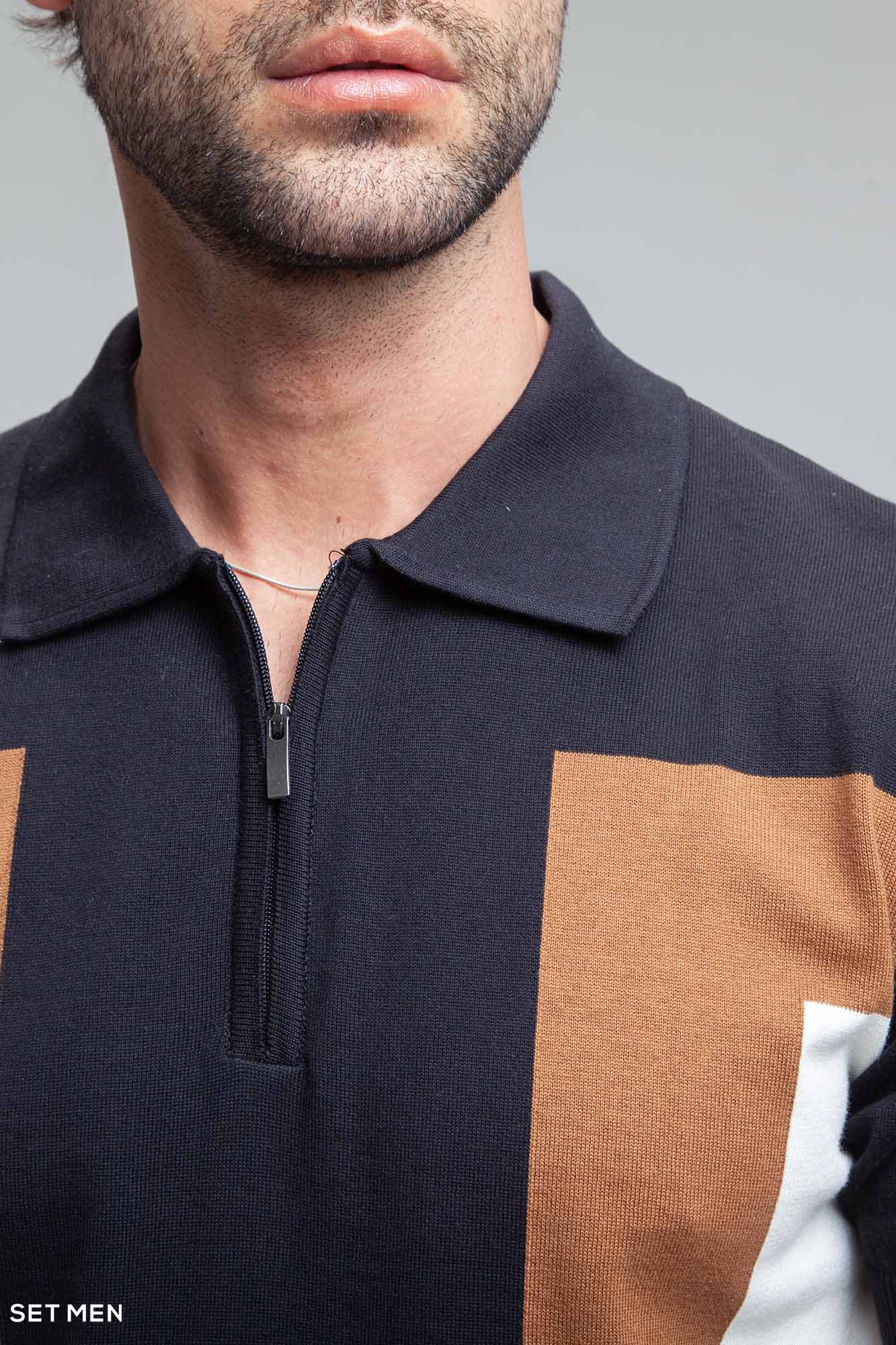 تیشرت یقه دارنیم زیپ بافت