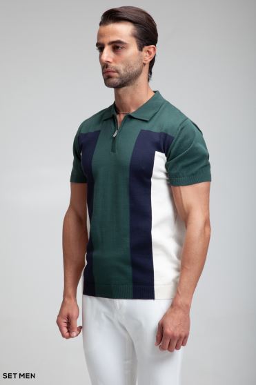 تیشرت یقه دارنیم زیپ بافت