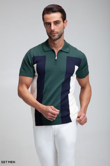 تیشرت یقه دارنیم زیپ بافت