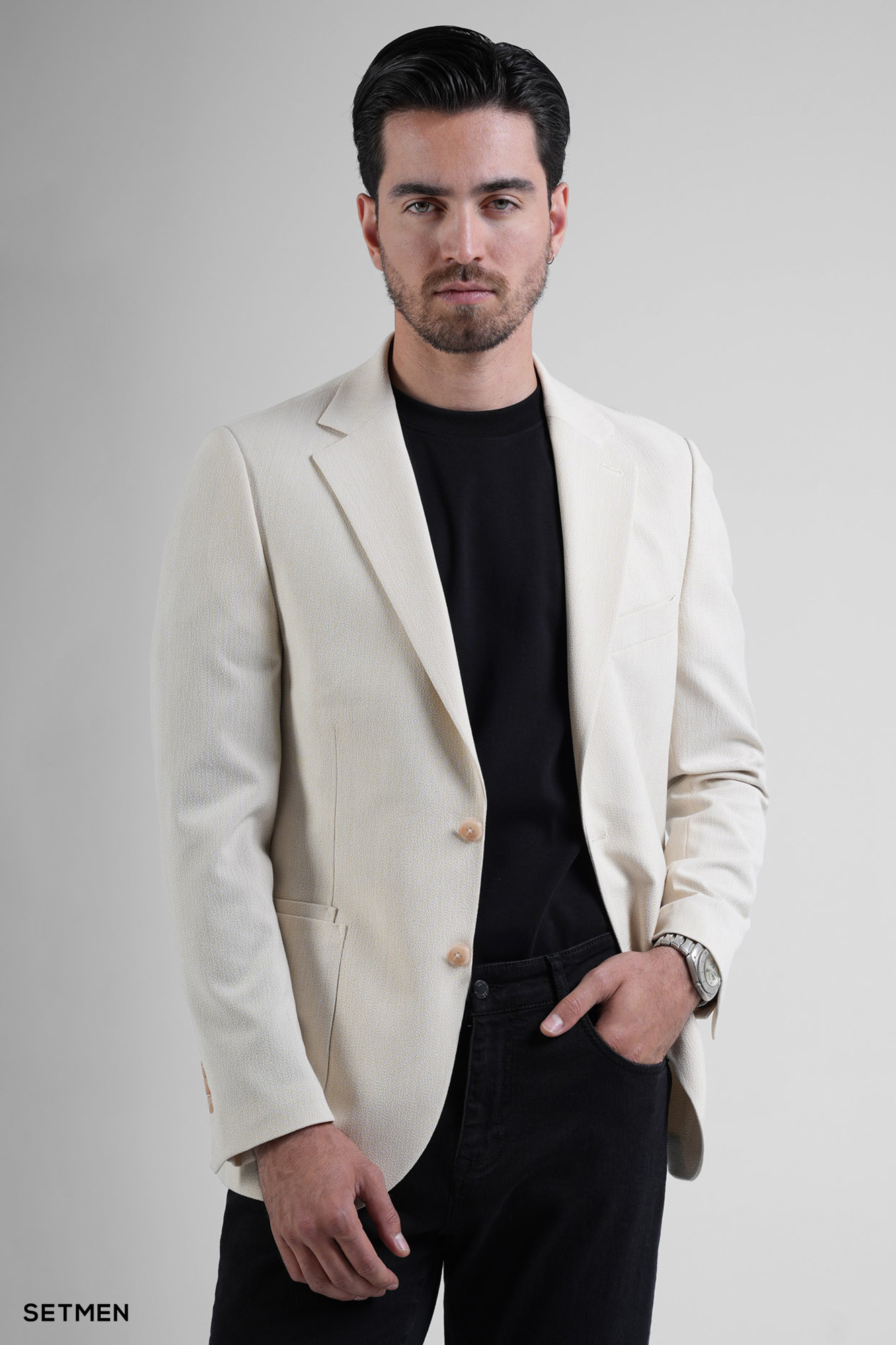 کت تک مردانه دودکمه نیم آستر پارچه GOFRE