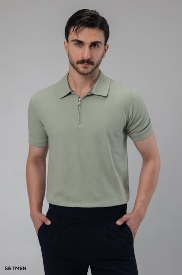 تیشرت یقه دار نیم زیپ ژاکارد اولد مانی