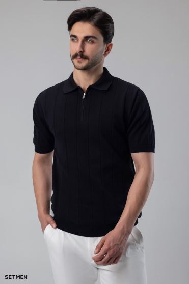 تیشرت مردانه نیم زیپ راه راه