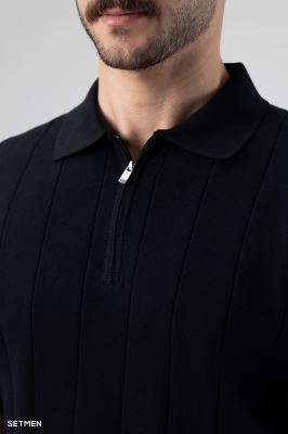 تیشرت نیم زیپ بافت راه راه اولد مانی