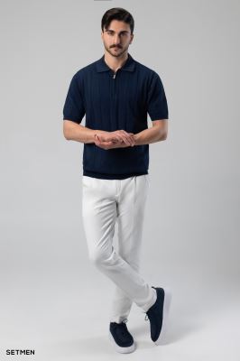 تیشرت نیم زیپ بافت راه راه اولد مانی