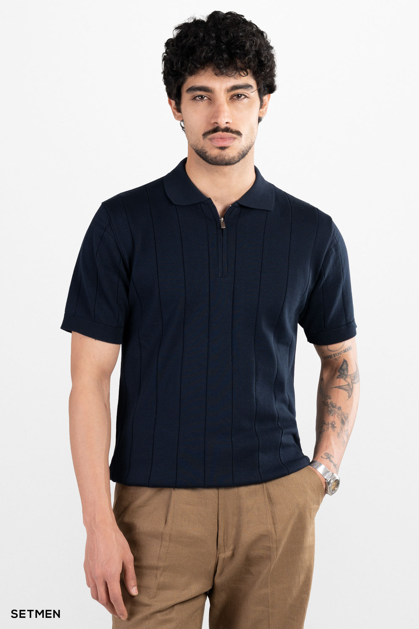 تیشرت مردانه نیم زیپ راه راه