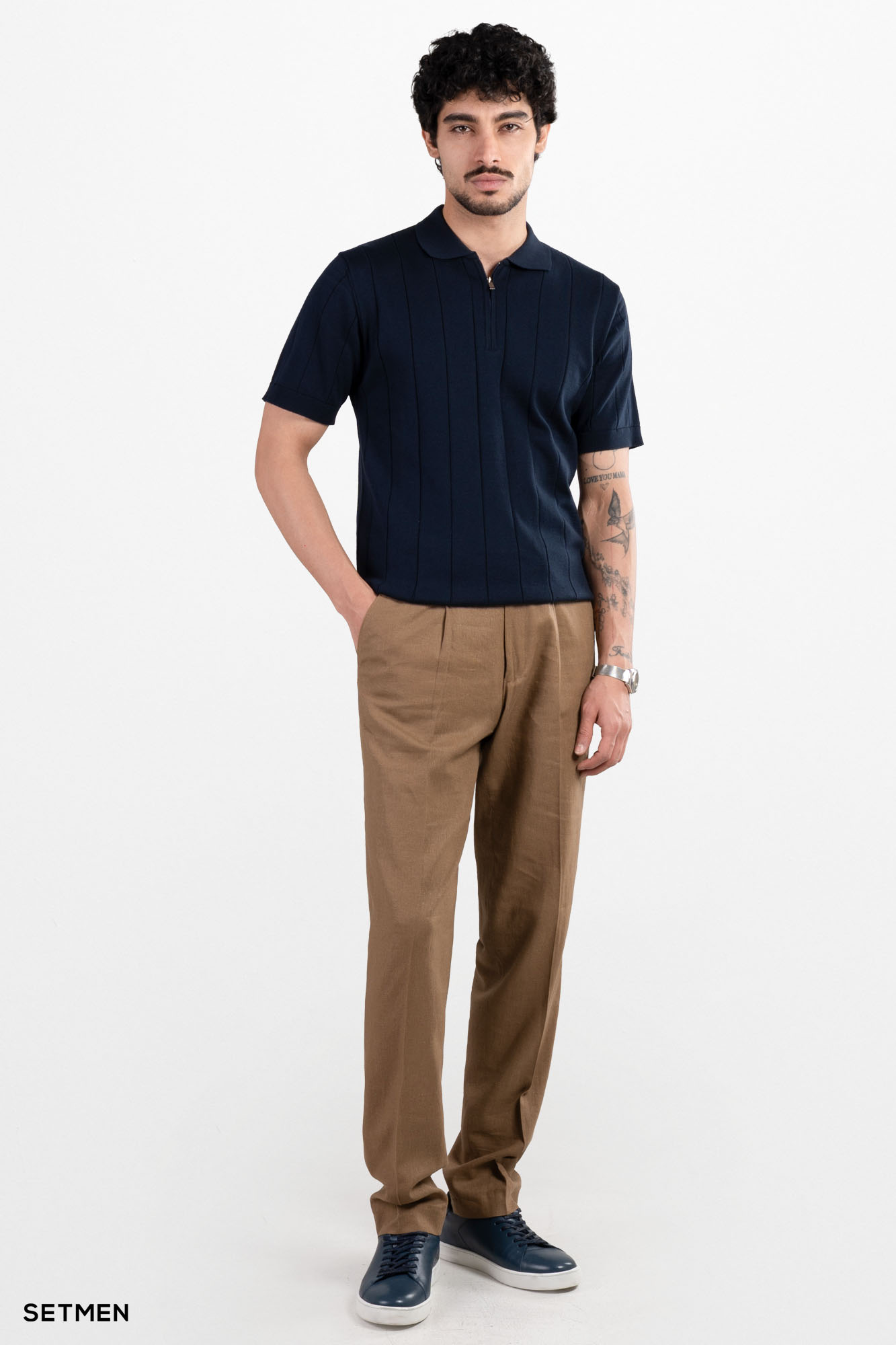 تیشرت مردانه نیم زیپ راه راه