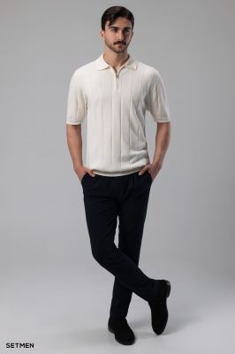 تیشرت نیم زیپ بافت راه راه اولد مانی