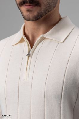 تیشرت نیم زیپ بافت راه راه اولد مانی