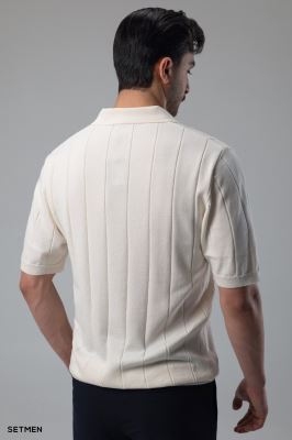 تیشرت نیم زیپ بافت راه راه اولد مانی